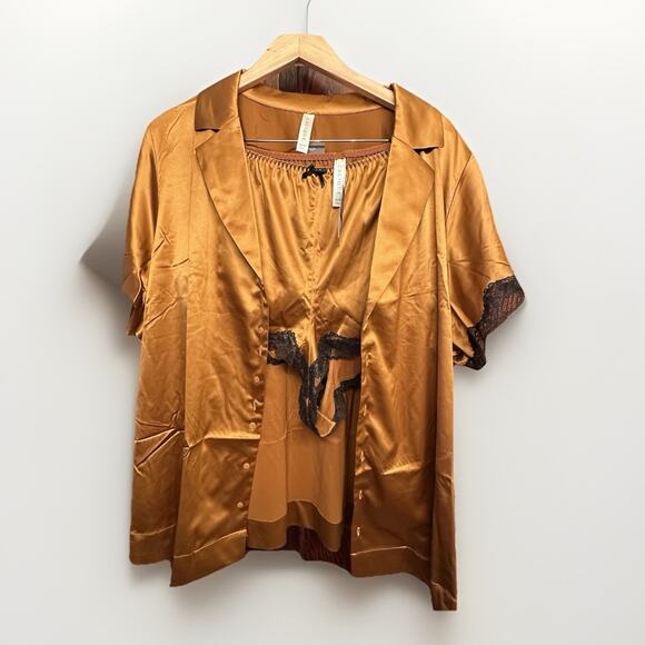 NWT Cacique Satin Pajama Set 26/28 • Bronze & Lace Trim 2-Piece Sleepwear Shorts - Picture 2 of 4